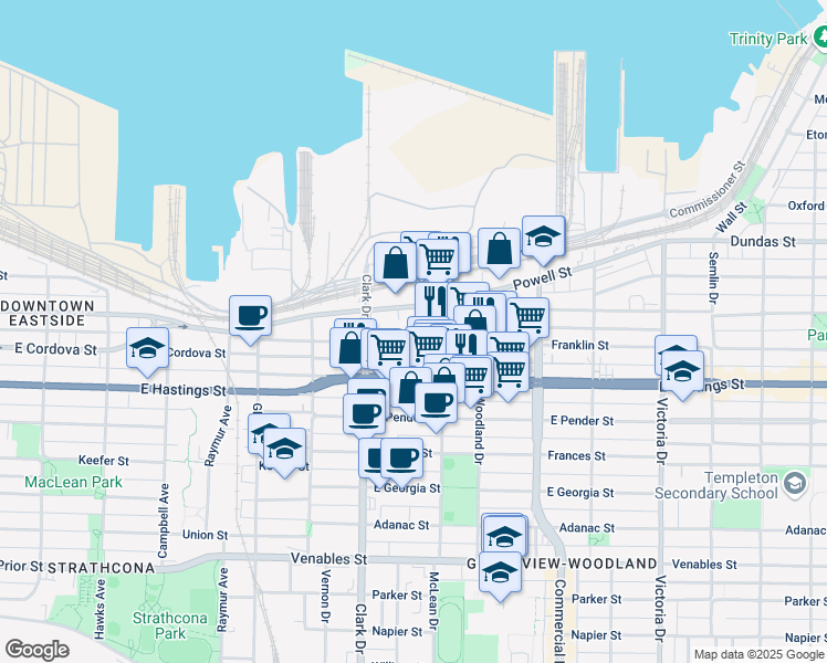 map of restaurants, bars, coffee shops, grocery stores, and more near in Vancouver
