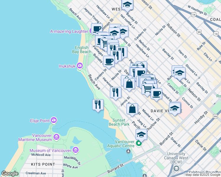 map of restaurants, bars, coffee shops, grocery stores, and more near 1436 Harwood Street in Vancouver