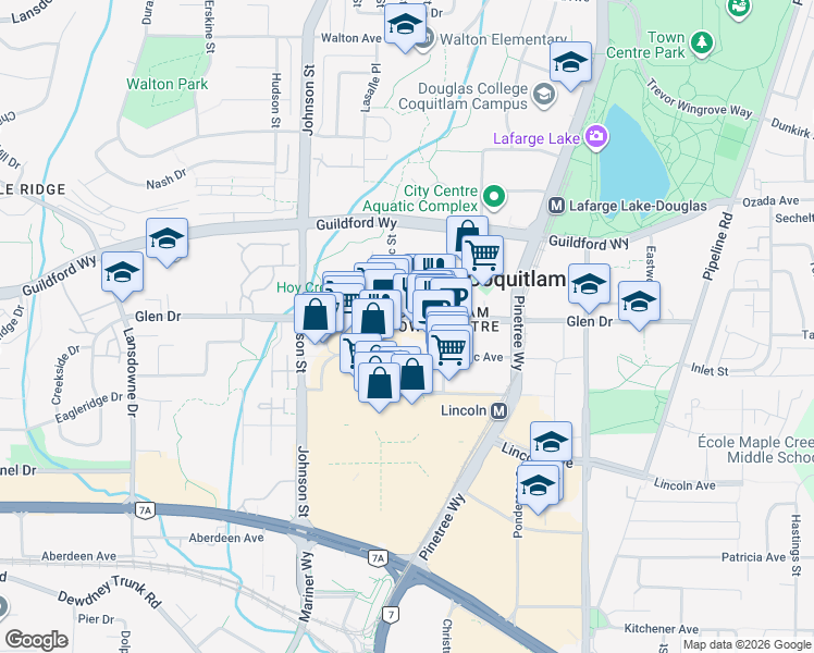 map of restaurants, bars, coffee shops, grocery stores, and more near 2968 Glen Drive in Coquitlam