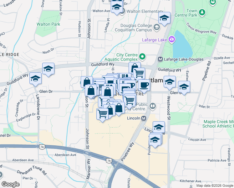 map of restaurants, bars, coffee shops, grocery stores, and more near 2968 Glen Drive in Coquitlam