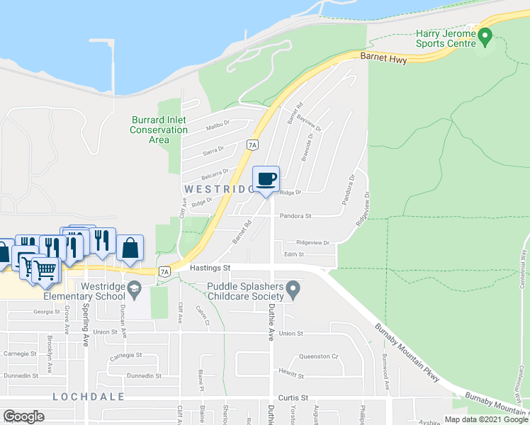 map of restaurants, bars, coffee shops, grocery stores, and more near 7195 Pandora Street in Burnaby