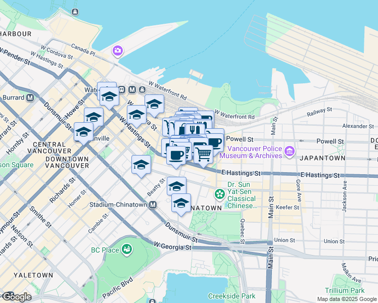 map of restaurants, bars, coffee shops, grocery stores, and more near 320 Abbott Street in Vancouver