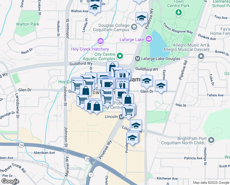 map of restaurants, bars, coffee shops, grocery stores, and more near 1108-1155 The High Street in Coquitlam