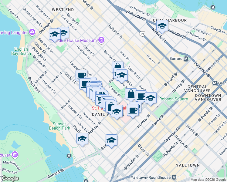 map of restaurants, bars, coffee shops, grocery stores, and more near 1152 Comox Street in Vancouver