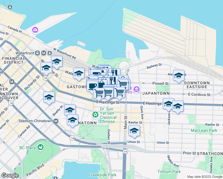map of restaurants, bars, coffee shops, grocery stores, and more near 101 East Cordova Street in Vancouver