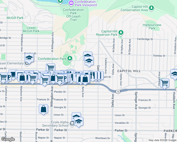 map of restaurants, bars, coffee shops, grocery stores, and more near 4730 Pandora Street in Burnaby