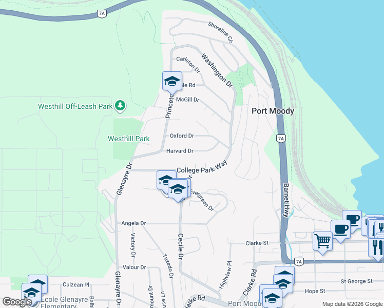 map of restaurants, bars, coffee shops, grocery stores, and more near 248 Harvard Drive in Port Moody