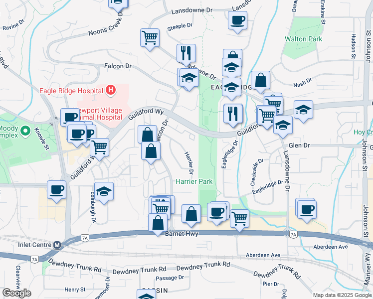map of restaurants, bars, coffee shops, grocery stores, and more near 2599 Harrier Drive in Coquitlam