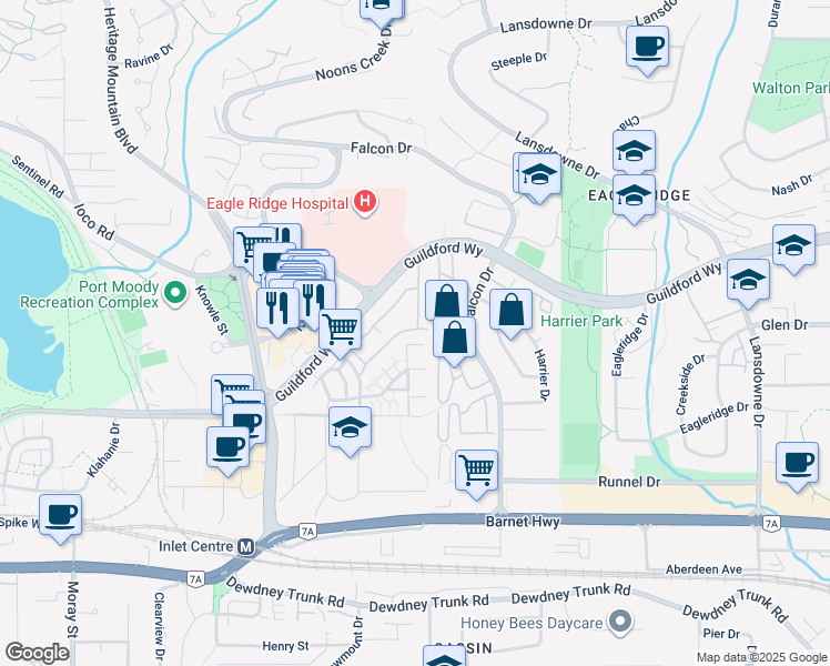 map of restaurants, bars, coffee shops, grocery stores, and more near 505 Carlsen Place in Port Moody