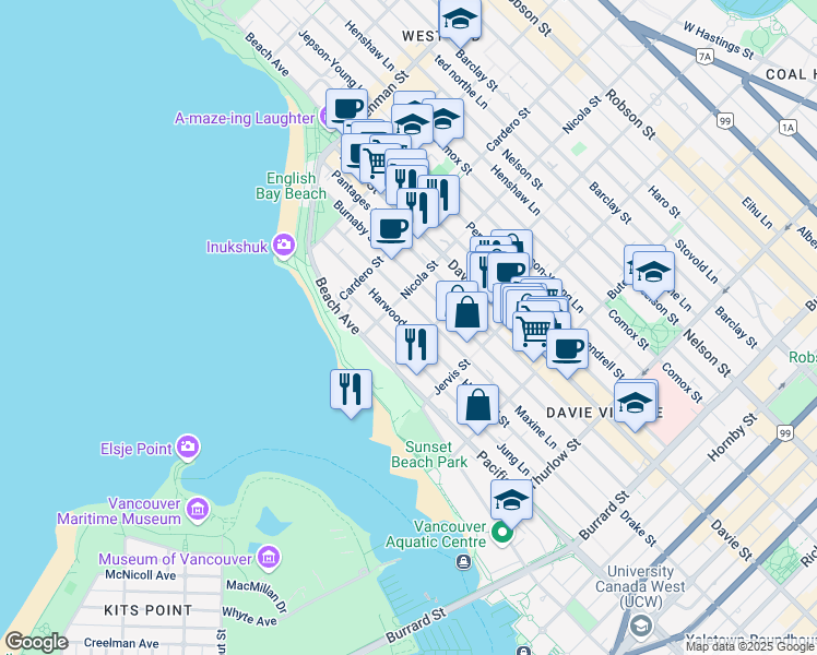 map of restaurants, bars, coffee shops, grocery stores, and more near 1436 Harwood Street in Vancouver
