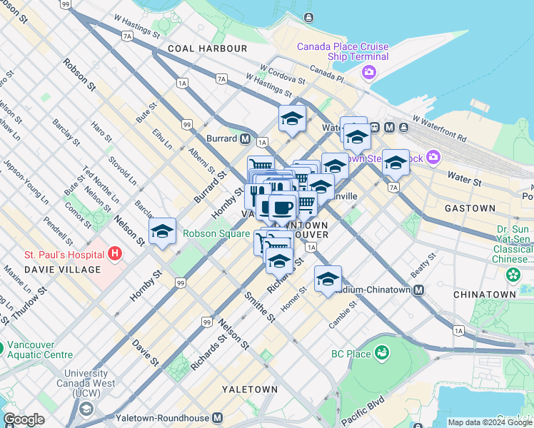 map of restaurants, bars, coffee shops, grocery stores, and more near 704 West Georgia Street in Vancouver