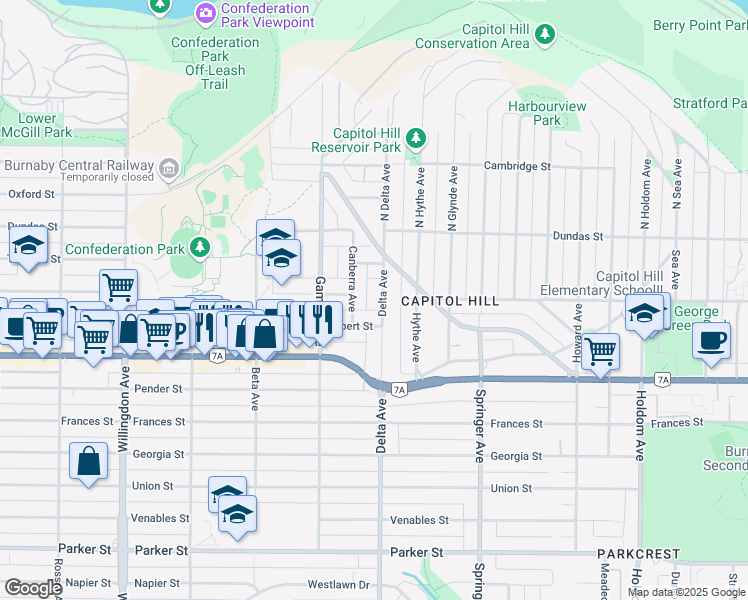 map of restaurants, bars, coffee shops, grocery stores, and more near 175 Delta Avenue in Burnaby
