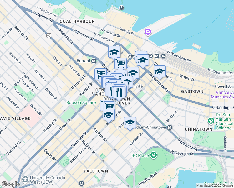 map of restaurants, bars, coffee shops, grocery stores, and more near in Vancouver