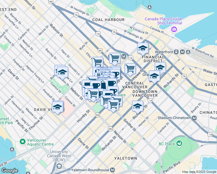 map of restaurants, bars, coffee shops, grocery stores, and more near in Vancouver