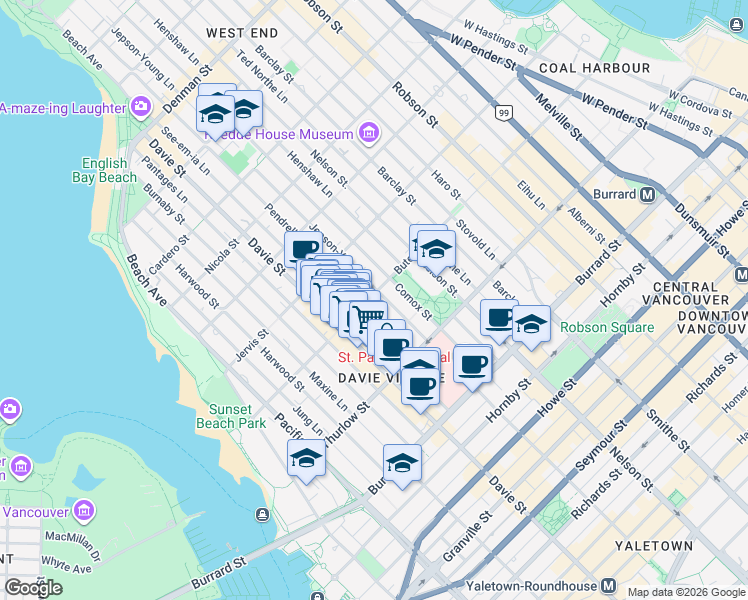 map of restaurants, bars, coffee shops, grocery stores, and more near 1116 Bute Street in Vancouver