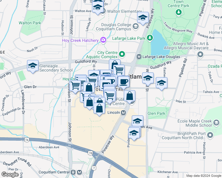 map of restaurants, bars, coffee shops, grocery stores, and more near in Coquitlam