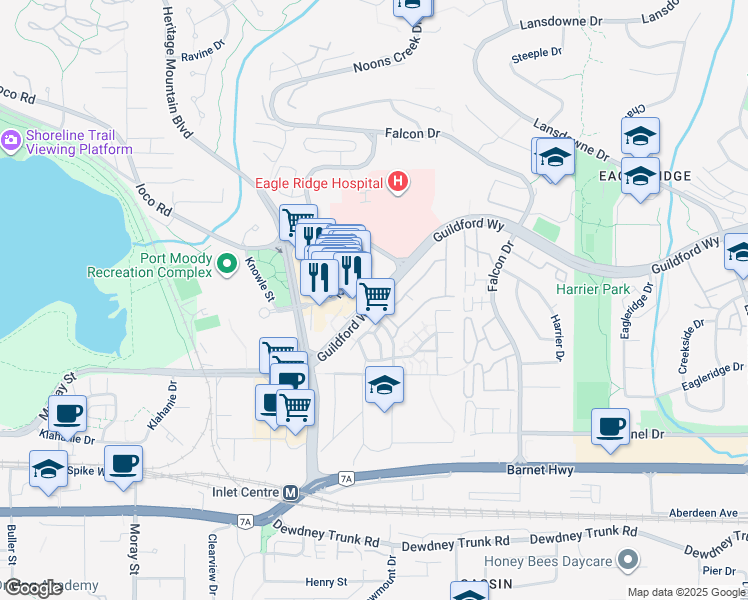 map of restaurants, bars, coffee shops, grocery stores, and more near in Port Moody