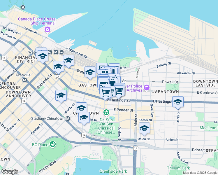 map of restaurants, bars, coffee shops, grocery stores, and more near 56 East Cordova Street in Vancouver