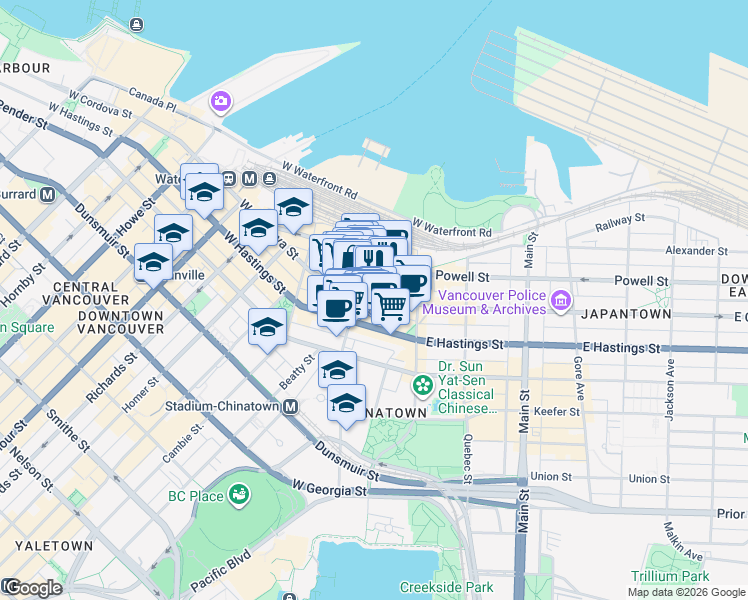 map of restaurants, bars, coffee shops, grocery stores, and more near in Vancouver