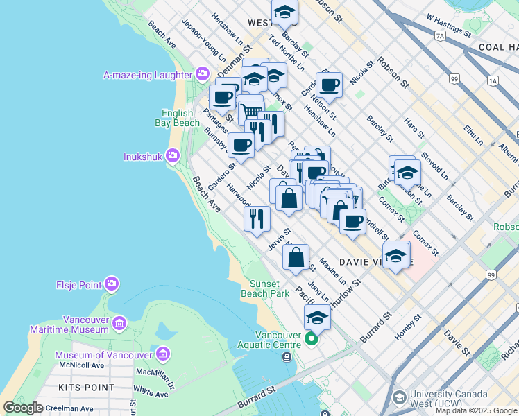 map of restaurants, bars, coffee shops, grocery stores, and more near in Vancouver