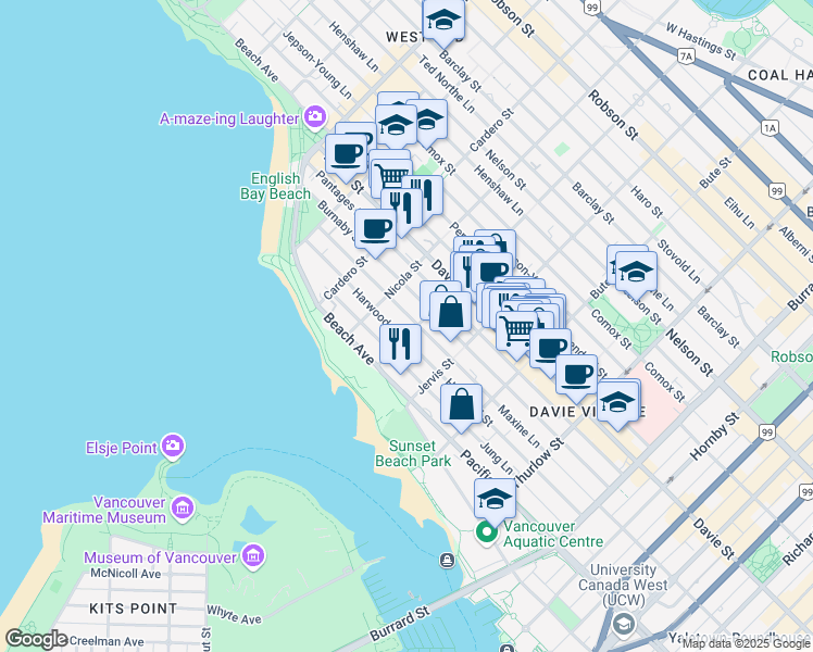 map of restaurants, bars, coffee shops, grocery stores, and more near in Vancouver