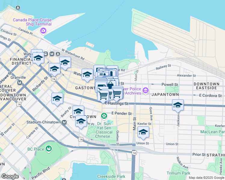 map of restaurants, bars, coffee shops, grocery stores, and more near 55 East Cordova Street in Vancouver