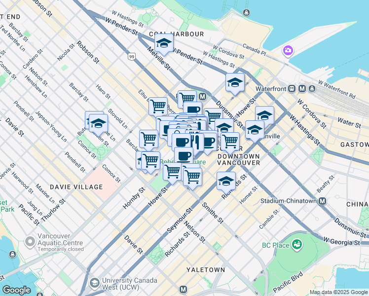 map of restaurants, bars, coffee shops, grocery stores, and more near 909 Robson Street in Vancouver