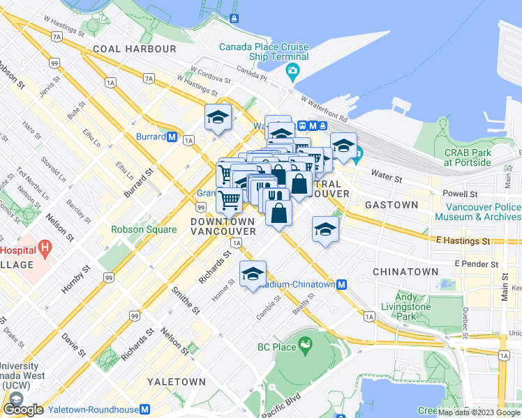 map of restaurants, bars, coffee shops, grocery stores, and more near 566 Richards Street in Vancouver
