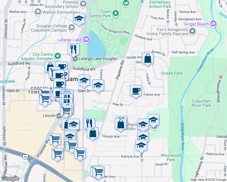 map of restaurants, bars, coffee shops, grocery stores, and more near 3104 Glen Drive in Coquitlam