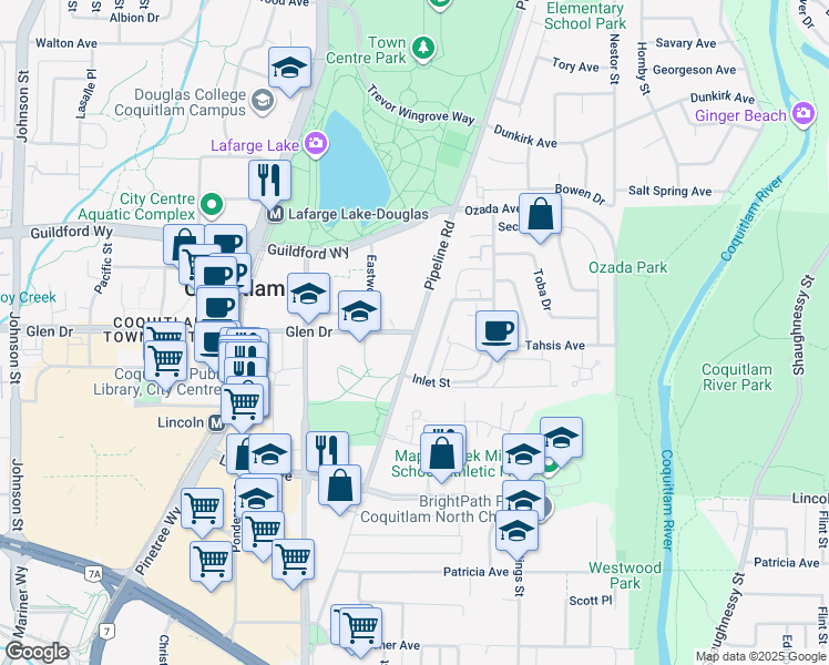 map of restaurants, bars, coffee shops, grocery stores, and more near 3104 Glen Drive in Coquitlam