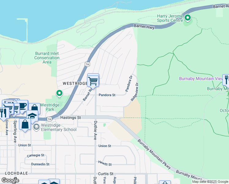 map of restaurants, bars, coffee shops, grocery stores, and more near 7287 Pandora Street in Burnaby
