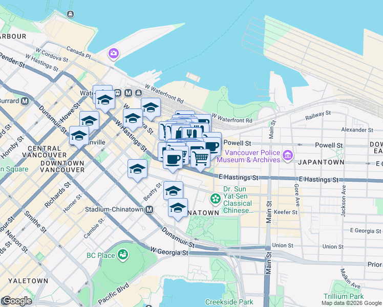 map of restaurants, bars, coffee shops, grocery stores, and more near 66 West Cordova Street in Vancouver