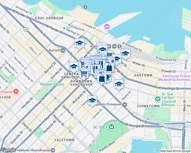 map of restaurants, bars, coffee shops, grocery stores, and more near 519 Dunsmuir Street in Vancouver