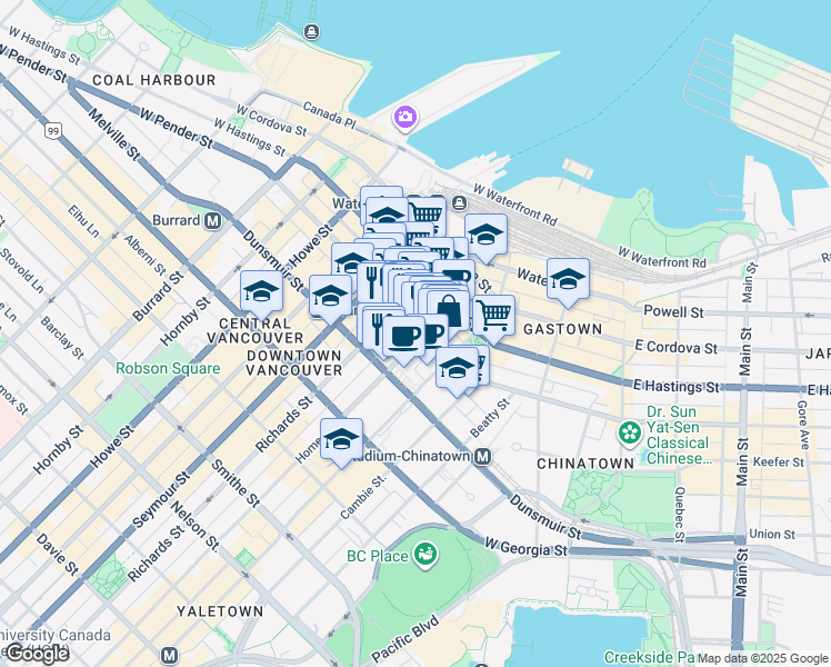 map of restaurants, bars, coffee shops, grocery stores, and more near 402 West Pender Street in Vancouver