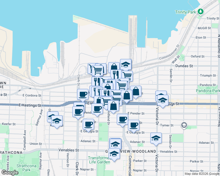 map of restaurants, bars, coffee shops, grocery stores, and more near in Vancouver