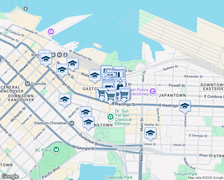 map of restaurants, bars, coffee shops, grocery stores, and more near 55 East Cordova Street in Vancouver