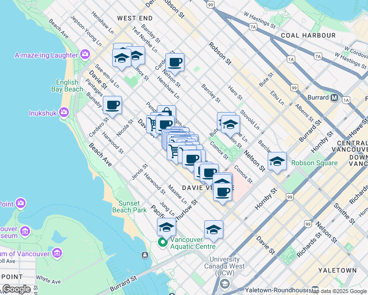 map of restaurants, bars, coffee shops, grocery stores, and more near 1206 Davie Street in Vancouver