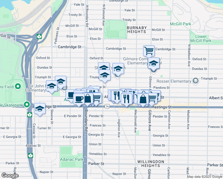 map of restaurants, bars, coffee shops, grocery stores, and more near 3856 Pandora Street in Burnaby