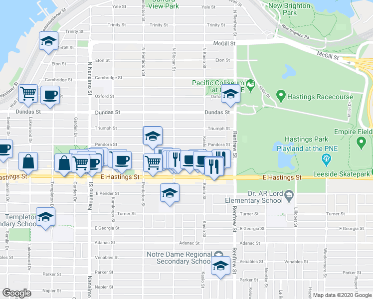 map of restaurants, bars, coffee shops, grocery stores, and more near 2740 Pandora Street in Vancouver
