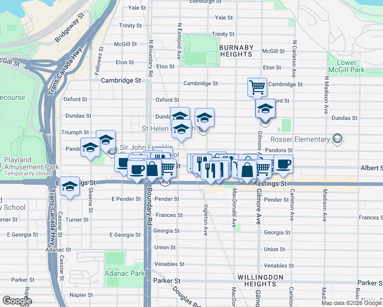 map of restaurants, bars, coffee shops, grocery stores, and more near 3848 Pandora Street in Burnaby