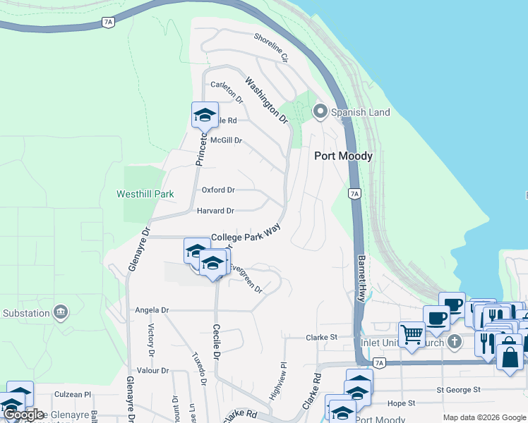 map of restaurants, bars, coffee shops, grocery stores, and more near 284 Harvard Drive in Port Moody