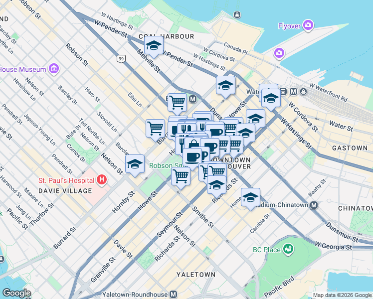 map of restaurants, bars, coffee shops, grocery stores, and more near in Vancouver