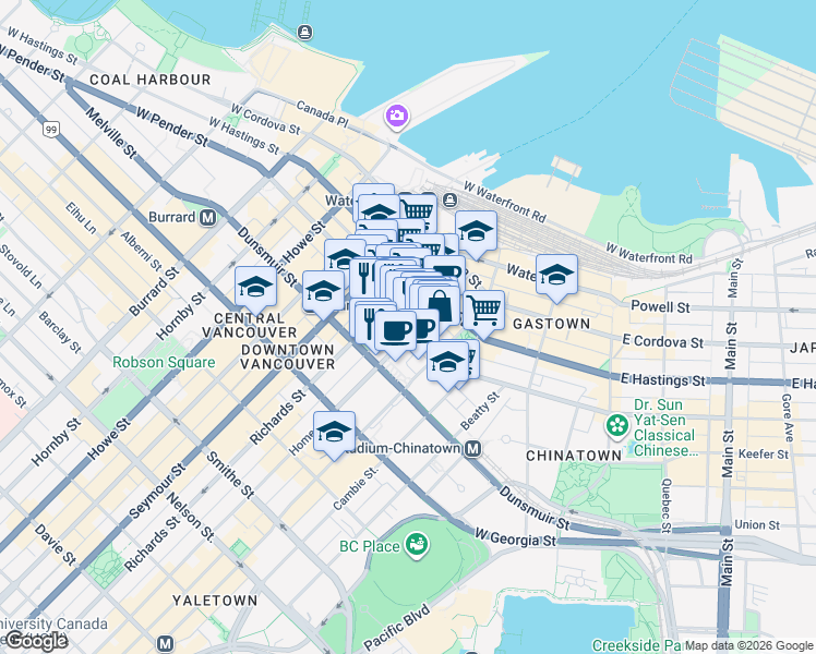 map of restaurants, bars, coffee shops, grocery stores, and more near 402 West Pender Street in Vancouver