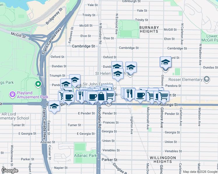 map of restaurants, bars, coffee shops, grocery stores, and more near 3756 Pandora Street in Burnaby