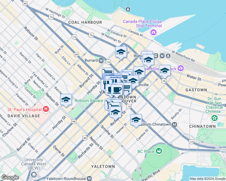 map of restaurants, bars, coffee shops, grocery stores, and more near 709 West Georgia Street in Vancouver