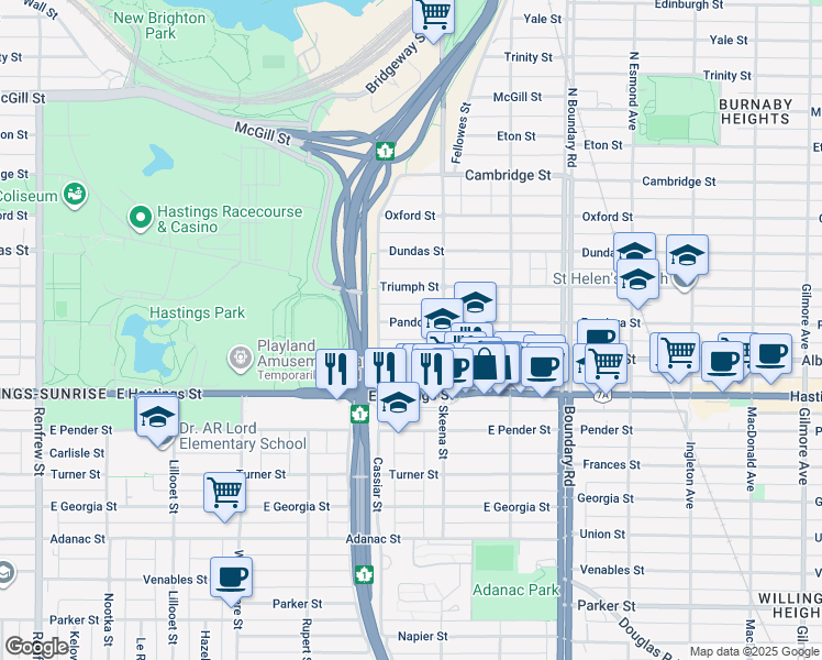 map of restaurants, bars, coffee shops, grocery stores, and more near 3454 Pandora Street in Vancouver