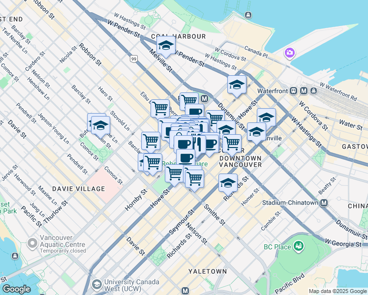 map of restaurants, bars, coffee shops, grocery stores, and more near 906 Robson Street in Vancouver
