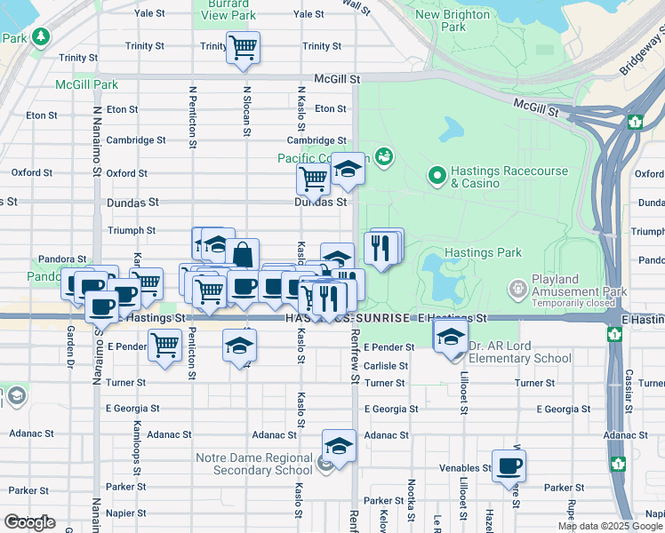 map of restaurants, bars, coffee shops, grocery stores, and more near 2868 Pandora Street in Vancouver