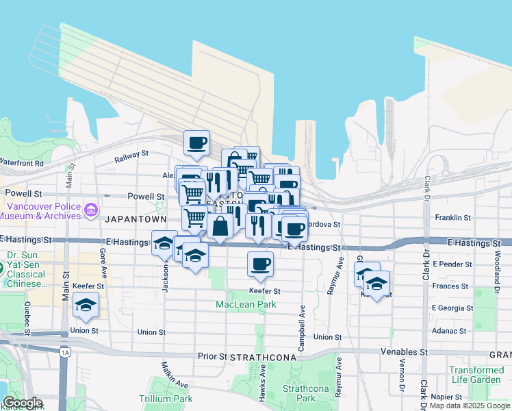 map of restaurants, bars, coffee shops, grocery stores, and more near 746 Powell Street in Vancouver