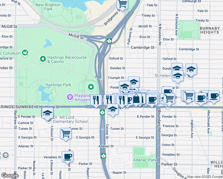map of restaurants, bars, coffee shops, grocery stores, and more near 3422 Pandora Street in Vancouver